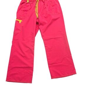 Scrubstar Scrub Pants Size XL Hot Pink w/ Yellow Trim Elastic Waist Straight Leg